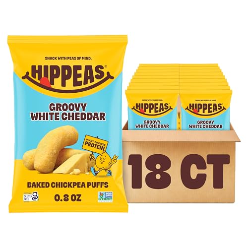 HIPPEAS Chickpea Puffs, Groovy White Cheddar, Gluten Free Snacks, Dairy Free, Vegan, 0.8oz, Pack of 18, 3g Protein, 2g Fiber, Crunchy, Nutritious