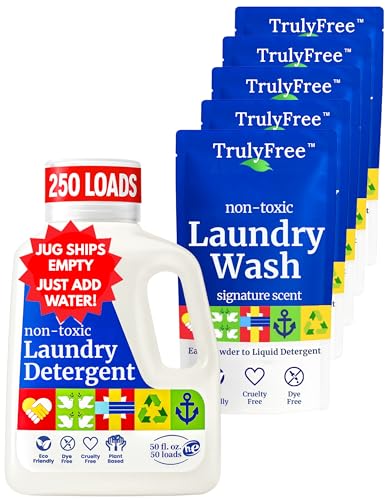 Truly Free Natural Laundry Detergent - 5 Pack + 1 Refillable Jug, 250 Loads