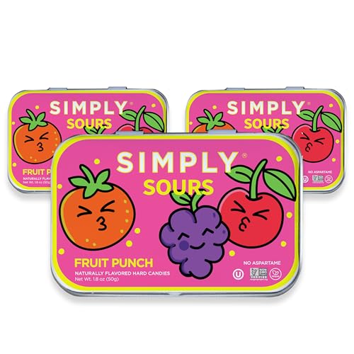 SIMPLY Sours Fruit Punch Sour Hard Candy Tins (3 Pack), Vegan, Non-GMO, No Corn Syrup, No Artificial Colors or Flavors