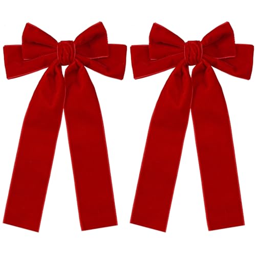 2pcs Long Tail Velvet Hair Bows Red Hair Ribbon Clips 5.5" Big Velvet Ribbon Alligator Barrettes Hairpins Christmas New Year Dress outfit Decor
