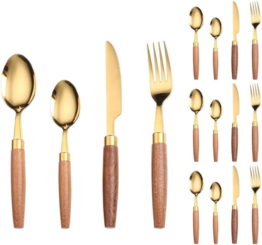 Gold Plastic Silverware with Wood Grain Handle