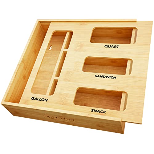 SpaceAid Bag Storage Organizer for Kitchen Drawer, Bamboo Organizer, Compatible with Gallon, Quart, Sandwich and Snack Variety Size Bag (1 Box 4