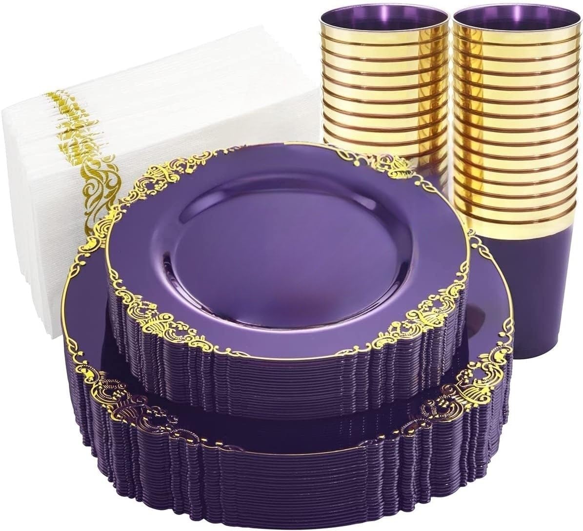 Lavender Floral Plastic Plates and Gold Silverware