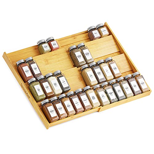 SpaceAid Bamboo Spice Drawer Organizer, (Need 3" Deep Drawer) Expandable 4 Tier Spices Rack for Cabinet, Kitchen Seasoning Storage Insert (Jars Not