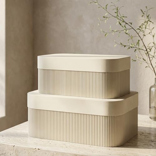 Decorative Storage Boxes with Lids - Set of 2 Fluted Photo Organizer Bins