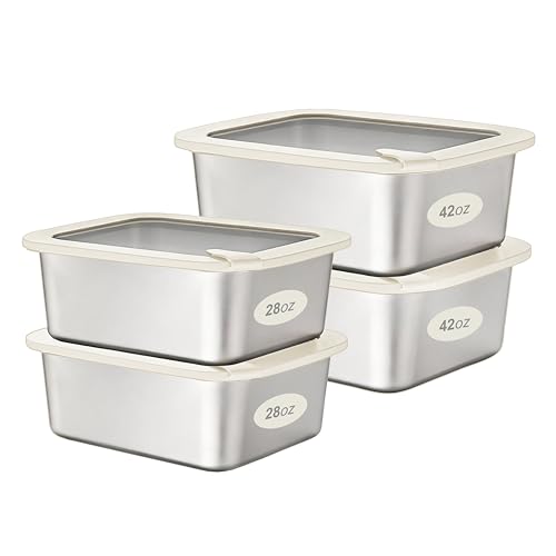 Stainless Steel Food Containers with Glass Lid, Airtight Leakproof Stainless Steel Storage Containers in set of 4, Rectangle Shape, Microwave Safe